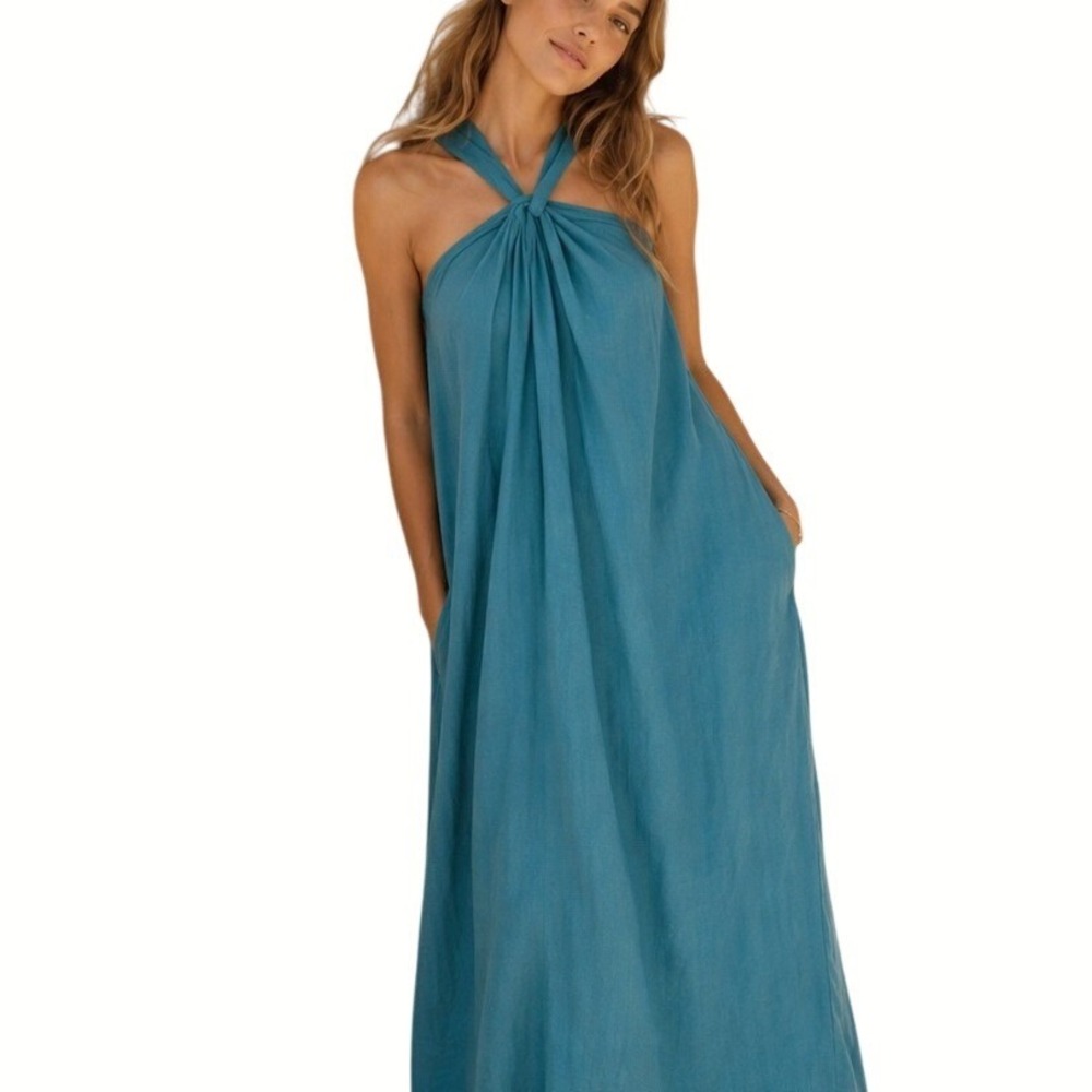 Faherty Halter Maxi Dress Organic Cotton Teal Blue Coastal Boho Resort Summer M